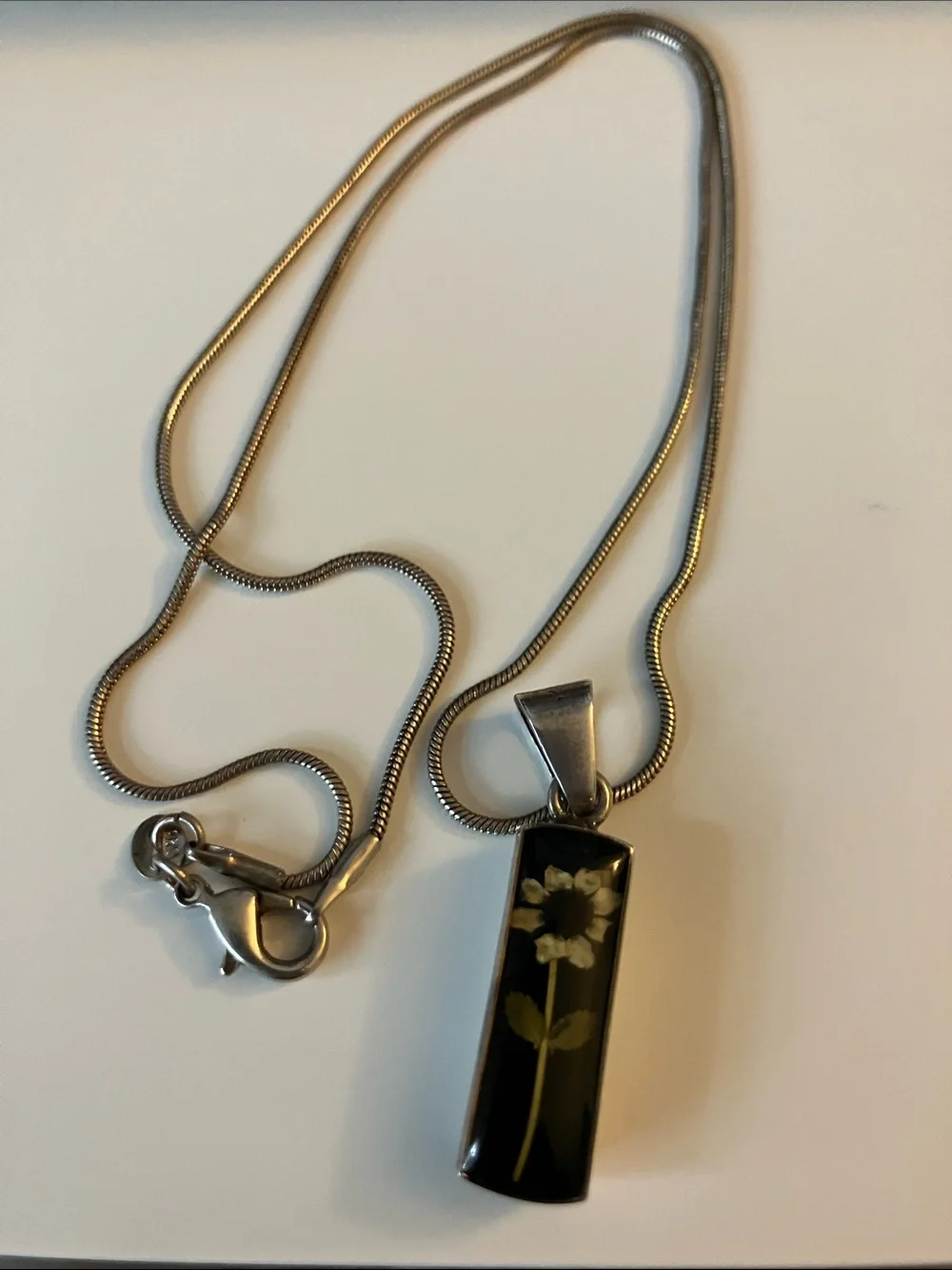 Black Floral Resin Rectangle Pendant Necklace with sterling Silver  Chain